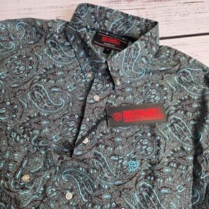 New Rock & Roll Denim Mens Medium Teal Paisley Long Sleeve Button Down Shirt